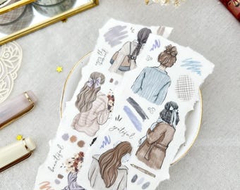 PET tape - hand-drawn girls (Warm colors) fashion drawing, journaling stickers