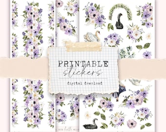 Printable Deco stickers - by the lake, nature, floral, swans, sticker kit for journals and planners (3 sticker sheets)