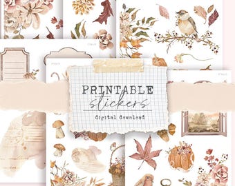 Printable Sticker kit - (6 different sticker sheets) Soft neutral nature fall stickers journaling
