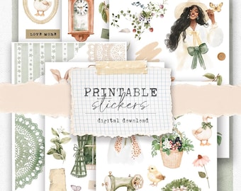 Printable Sticker kit - green vintage floral mini kit for journaling, planning, collages, scrapbooking (6 different sticker sheets)