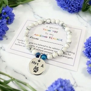 Thank you teacher gift, Personalised gemstone bracelet, wise owl charm bracelet, teacher appreciation gift, amazing teacher beaded bracelet,