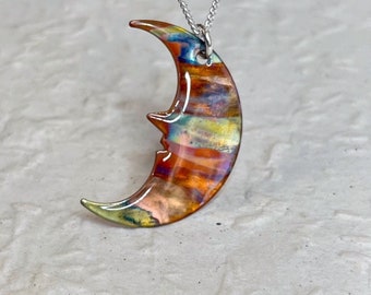Copper moon pendant necklace, sterling silver chain, flame painted moon jewellery, 7th wedding anniversary necklace, birthday gift for wife