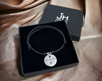Personalized Tin Anniversary Bracelet: Hand Stamped Aluminum Charm, Adjustable Cord