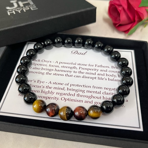 Bead Bracelet for Dad, Father’s Day gift, black onyx tigers eye gemstone healing bracelet, natural stone bracelet, daddy  birthday gift