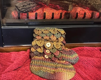 Dragon Scale Booties, crochet, crocodile stitch, mermaid scale slippers