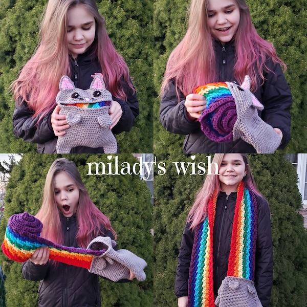 Rainbow Barf Cat Scarf, Nyan Cat, crochet, handmade, in stock for immediate free shipping!