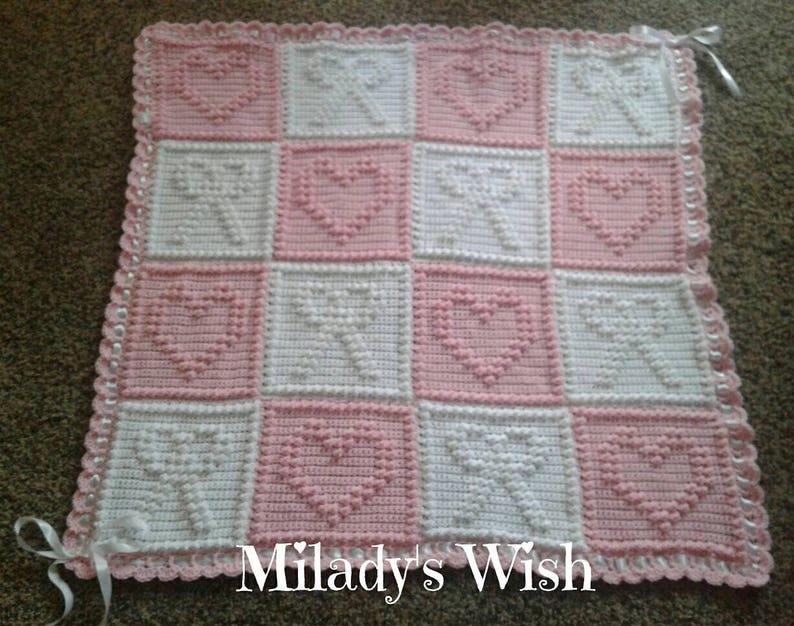 Hearts and Bows Baby Girl Blanket Crochet With Satin Ribbon Etsy