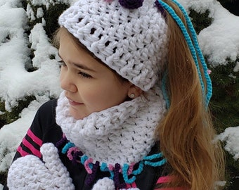 Unicorn Winter Set, cowl, mittens, ponytail hat or messy bun hat, crochet