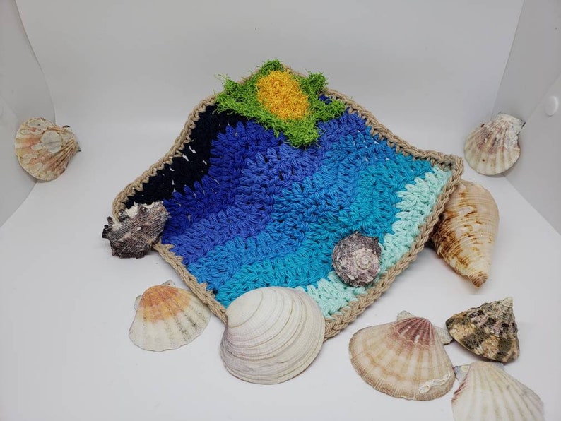 beach and ocean themed three crocheted wash or dish cloths crochet cotton A Day At The Beach Cleaning Trio