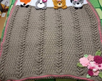 Sleepover in the Fairy Forest, crochet baby blanket featuring woodland creatures with flowers