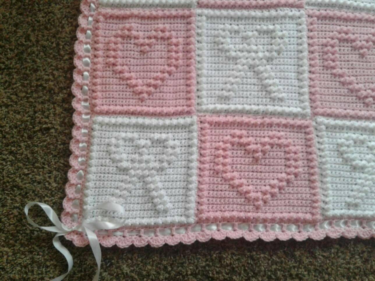 Hearts and Bows Baby Girl Blanket Crochet With Satin Ribbon Etsy