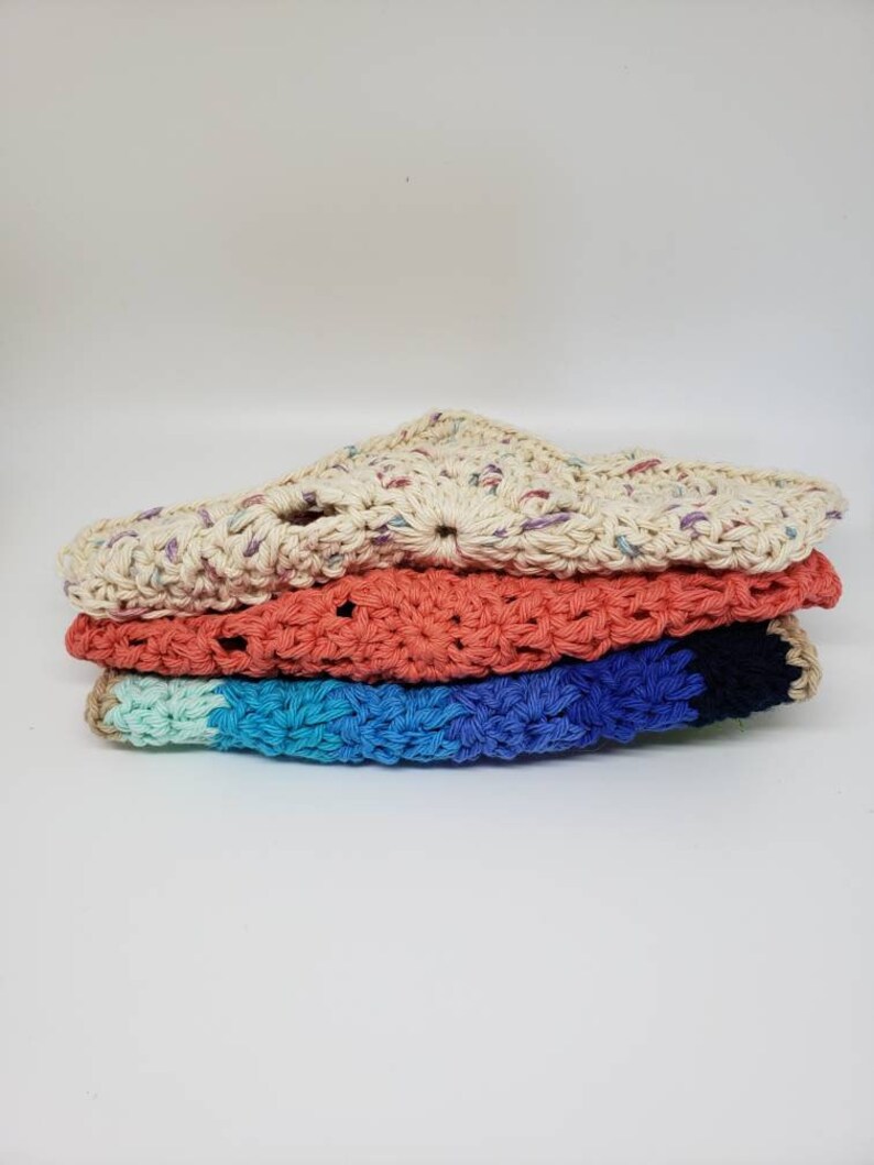 beach and ocean themed three crocheted wash or dish cloths crochet cotton A Day At The Beach Cleaning Trio