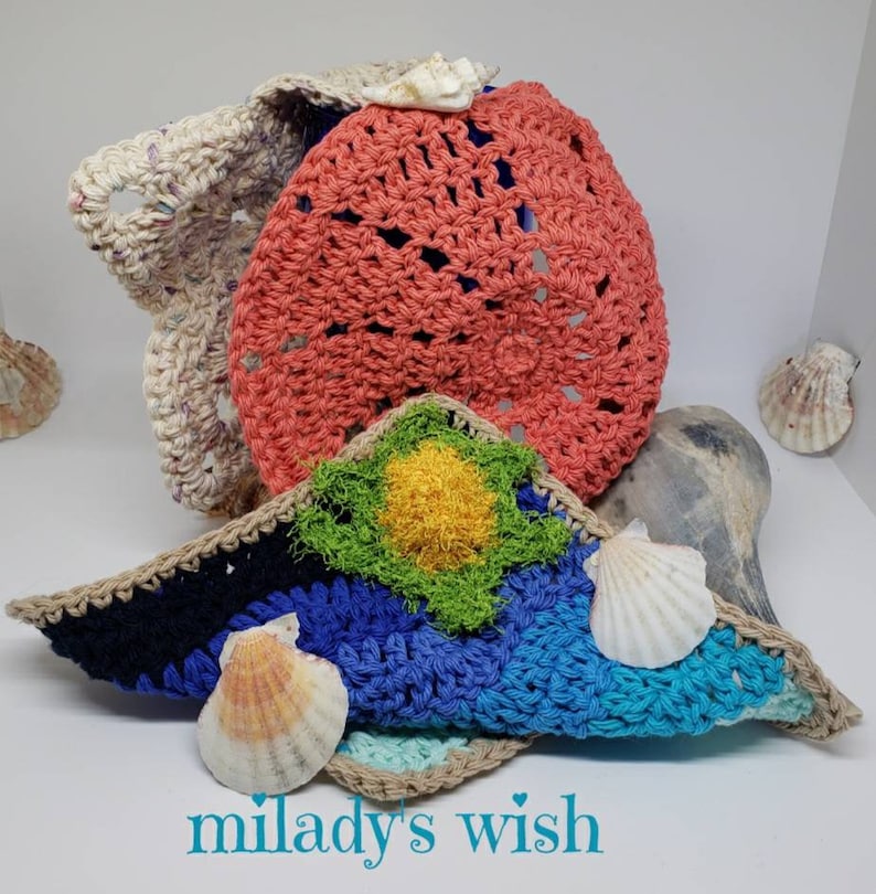 beach and ocean themed three crocheted wash or dish cloths crochet cotton A Day At The Beach Cleaning Trio