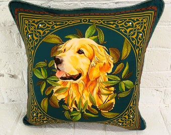 Golden Retriever Decorative Pillow Cover, Teals and Bright Oranges, Christmas Gift