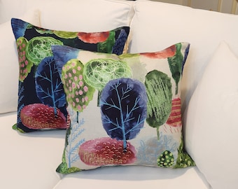 Enchanted Forest Pillow Covers, Navy Blue, Natural, Trees, Botanical, Decorative Pillows Covers, Impressionistic, Modern