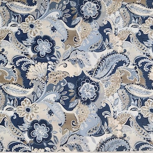 Jacobean Floral Upholstery Fabric: Blues, Tan, Beige - One Yard