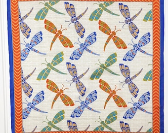 Dragonfly Silk Scarf: Hand-Rolled Hem, Orange & Blue, 36x36
