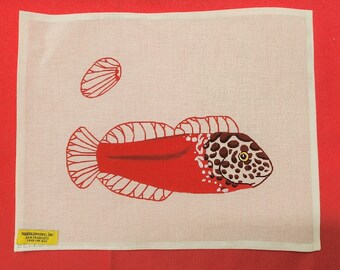 Needlepoint Canvas, Red and White Fish, 13.5 " x 11", 18 Mesh Canvas, Pillow or Door Hanger, Gift for Him, Christmas Idea
