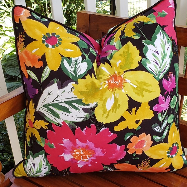 Black Floral Decorative Pillows, Throw Pillow Covers, Black, Yellow, Pink , Throw Pillow 20x20