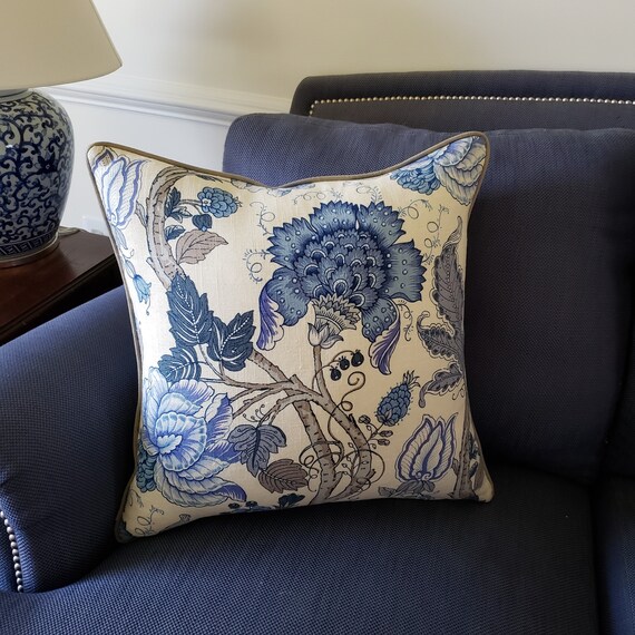 Coastal Style Hamptons Style Jacobean Pillow Floral Pillow Blue Floral Pillow Linen Pillow Chinoiserie Pillow French Country