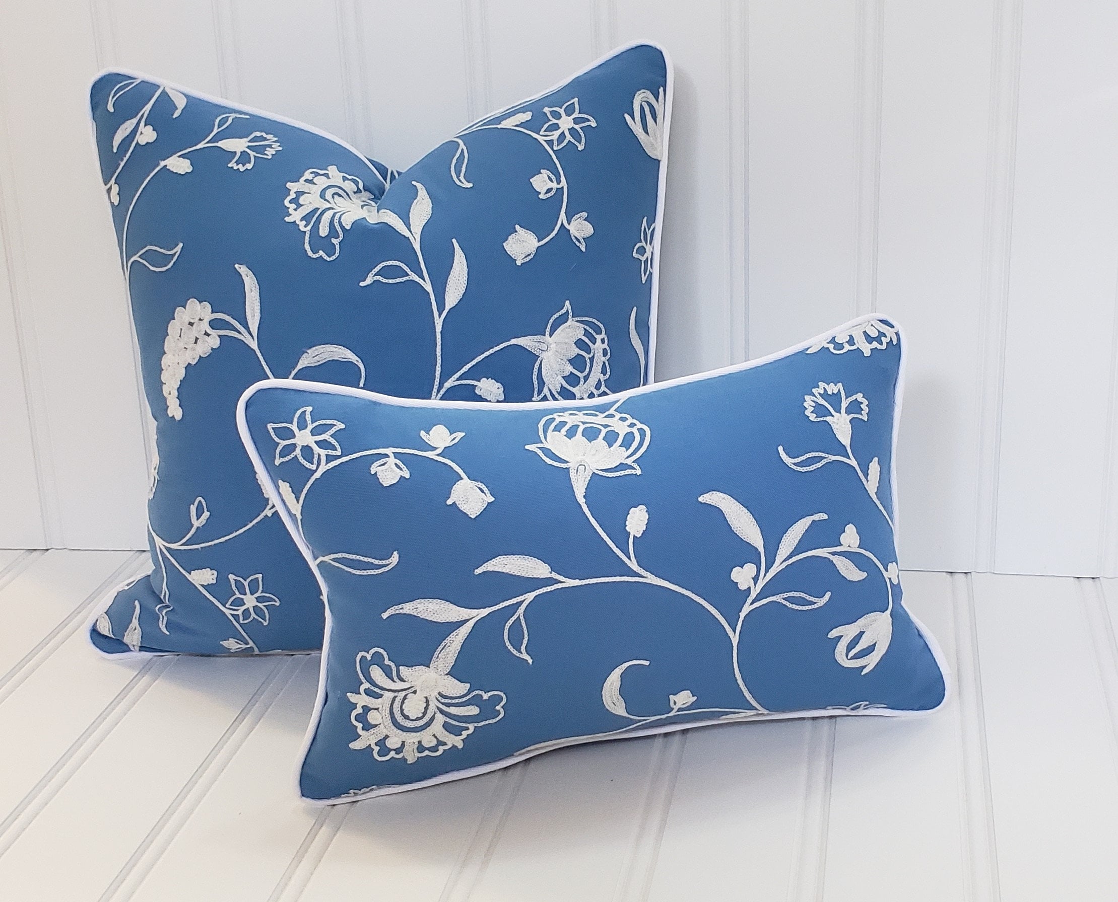 Blue Floral Embroidered Pillow Cover: Chinoiserie Decor