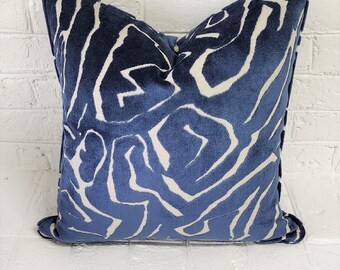 Blue Velvet, Animal Zebra Pillow Cover, Two Sided, Cut Velvet, Decorative Throw Pillow, READY TO SHIP, Soft Muted blue, Designer Fabric