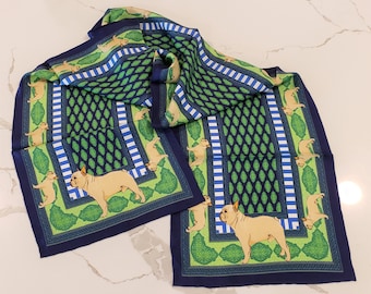 French Bulldog Silk Scarf, Long Silk Scarf, Dog Lover Gift, Mother's Day, Fawn Frenchie, Blue and Green