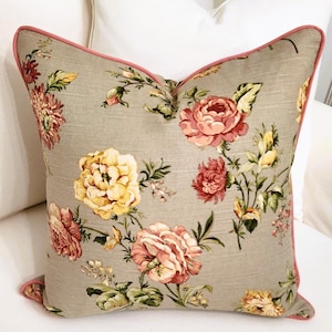 Floral Pillow Cover, Tan, Coral, Peach & Greens, Decorative Pillow, Throw Pillow, 18x18 Garden Themed