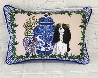 Cavalier King Charles Spaniel Pillow, Tri Colored Dog, Pillow Cover, Valentine's Day Gift, Chinoiserie Dog, Blue Ginger Jar