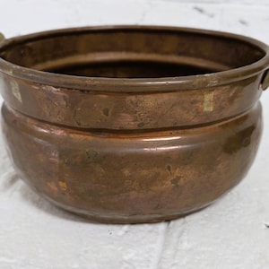 Vintage Aged Copper Pot, Brass Handles, Round Kitchen Decor Herb Pot