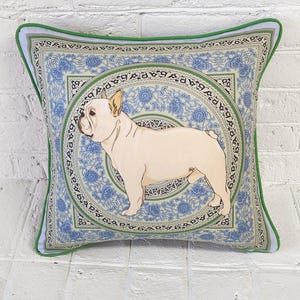 Fawn French Bulldog Pillow Cover: Blue & Green Cotton, 18x18&quot;