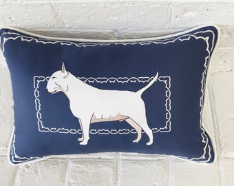 Bull Terrier Pillow, White Bully, Dog Pillow Cover, Mother's Day Gift, Decorative Pillow, Navy Blue and White