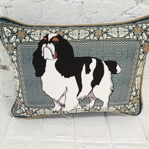 English Toy Spaniel Decorative Pillow Cover, Father&#39;s Day Gift, Dog Lover Gift, Chinoiserie Cushion, Teal Beige Accent Pillow