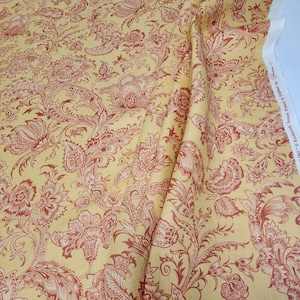 Tangerine Red Jacobean Floral Fabric: Linen Cotton Blend, 54&quot; Wide