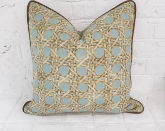 Blue Trellis Pillow Cover: Brown Cane Geometric, 18x18 Cotton