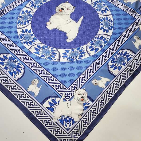 West Highland White Terrier Silk Scarf, Westie Scarf, Mother's Day Gift, Dog Lover Gift, Blue and White Dog Scarf, Gift for Her