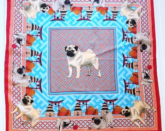 Pug Silk Scarf, Mother's Day Gift, Dog Scarf, Pug Dog, Asian Pagoda, Bright Pinks and Coral, Ready to Ship, Temple