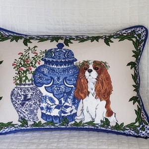 Cavalier King Charles Spaniel Pillow, Pillow Cover, Chinoiserie Dog, Blue Ginger Jar, Blue and White, Blenheim Dog, Mother's Day Gift