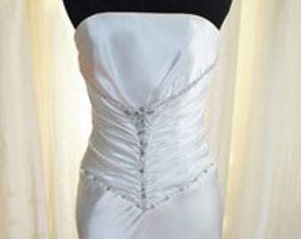 Gown #M207 ~ Elegant Strapless White Satin Gown w/Ruched Waist & Crystal Accents