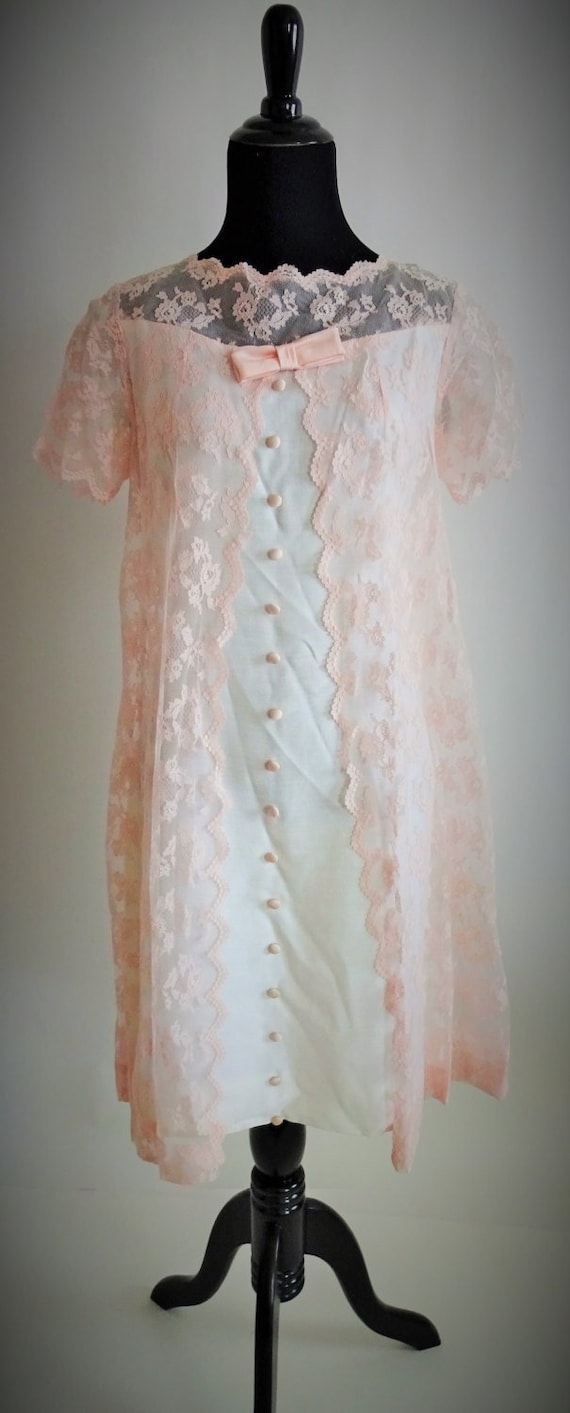 Dress #238 ~ 1960's Pink Lace Over White Linen Sh… - image 1