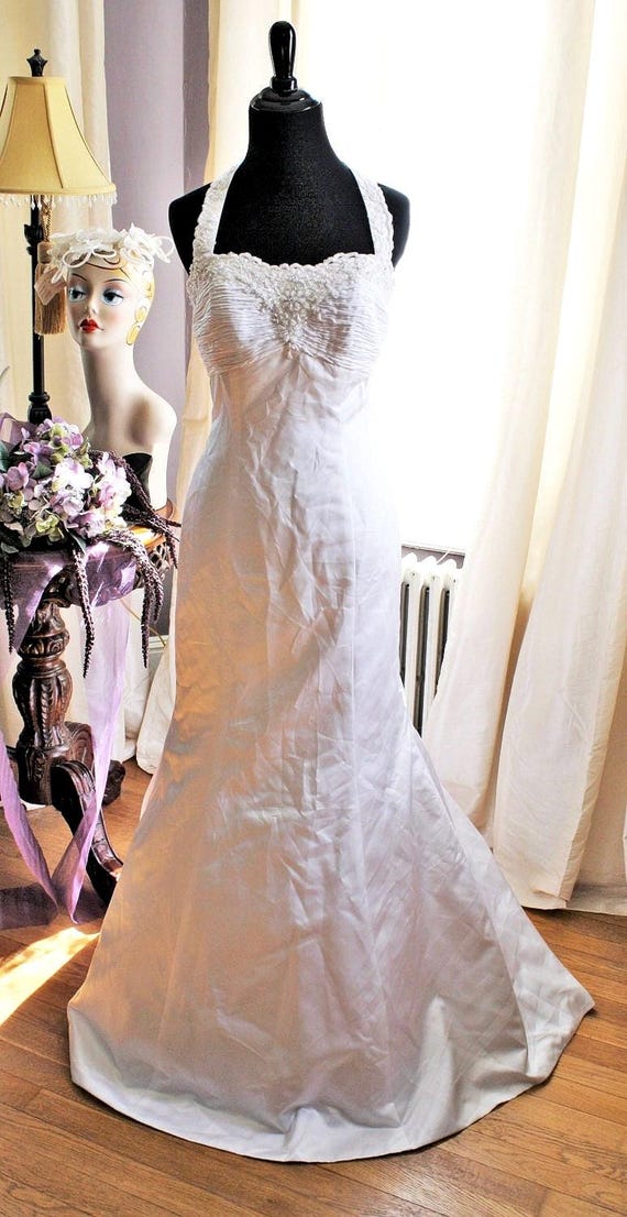 Gown #M203 ~ david's Bridal White Satin Trumpet Gown W/beaded Bodice &  Halter Straps - Etsy