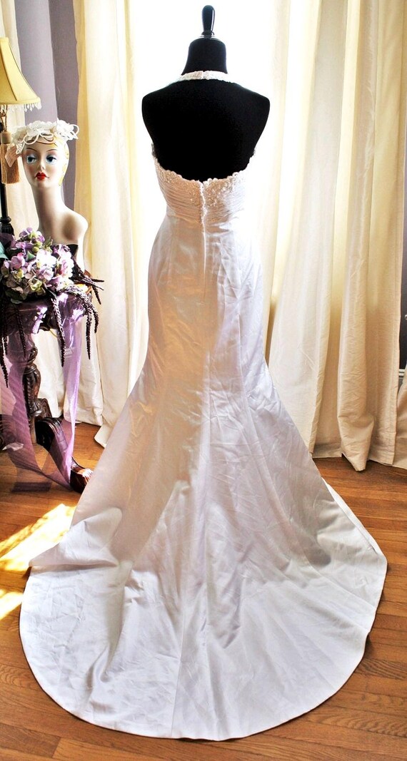 Gown #M203 ~ david's Bridal White Satin Trumpet Gown W/beaded Bodice &  Halter Straps - Etsy