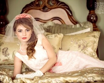 Gown #330 ~ 1960's (circa 1963-64) Pastel Floral Lace Gown w/Apricot-Pink Ribbon Sash