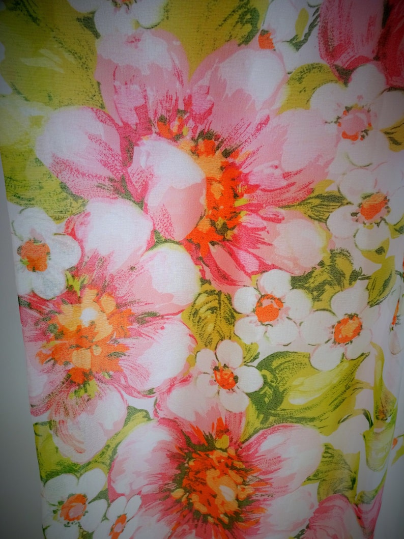 Gown #333 ~ To-Die-For 1960/'s Baby Pink /& Watercolor Floral Organza Empire Gown wGrosgrain Ribbon Waist Bow