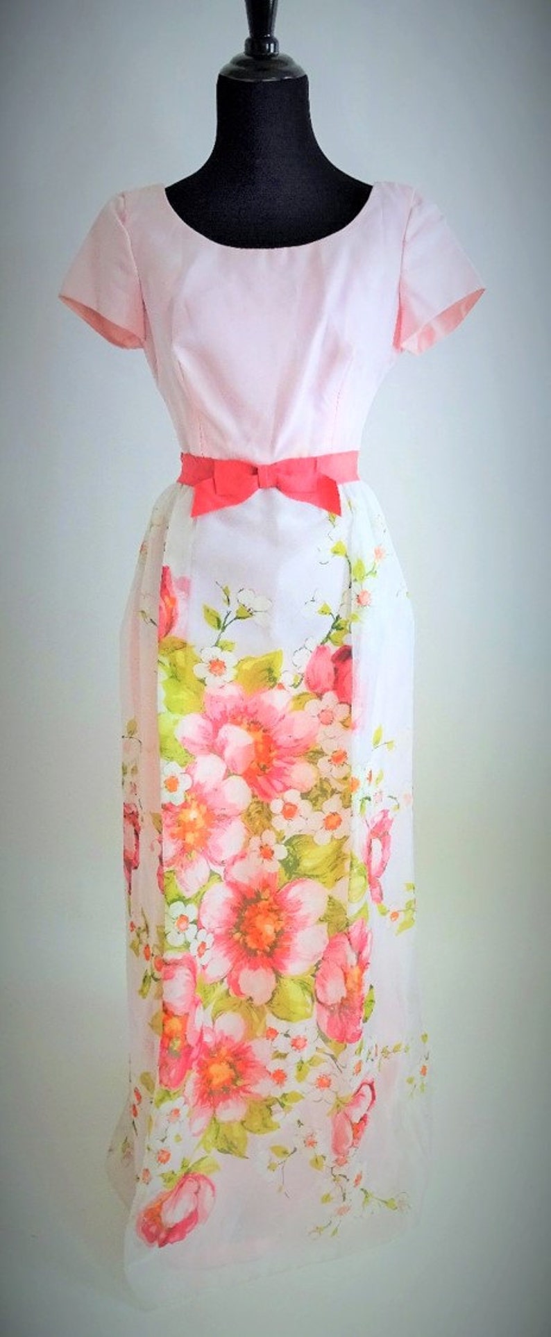 Gown #333 ~ To-Die-For 1960/'s Baby Pink /& Watercolor Floral Organza Empire Gown wGrosgrain Ribbon Waist Bow
