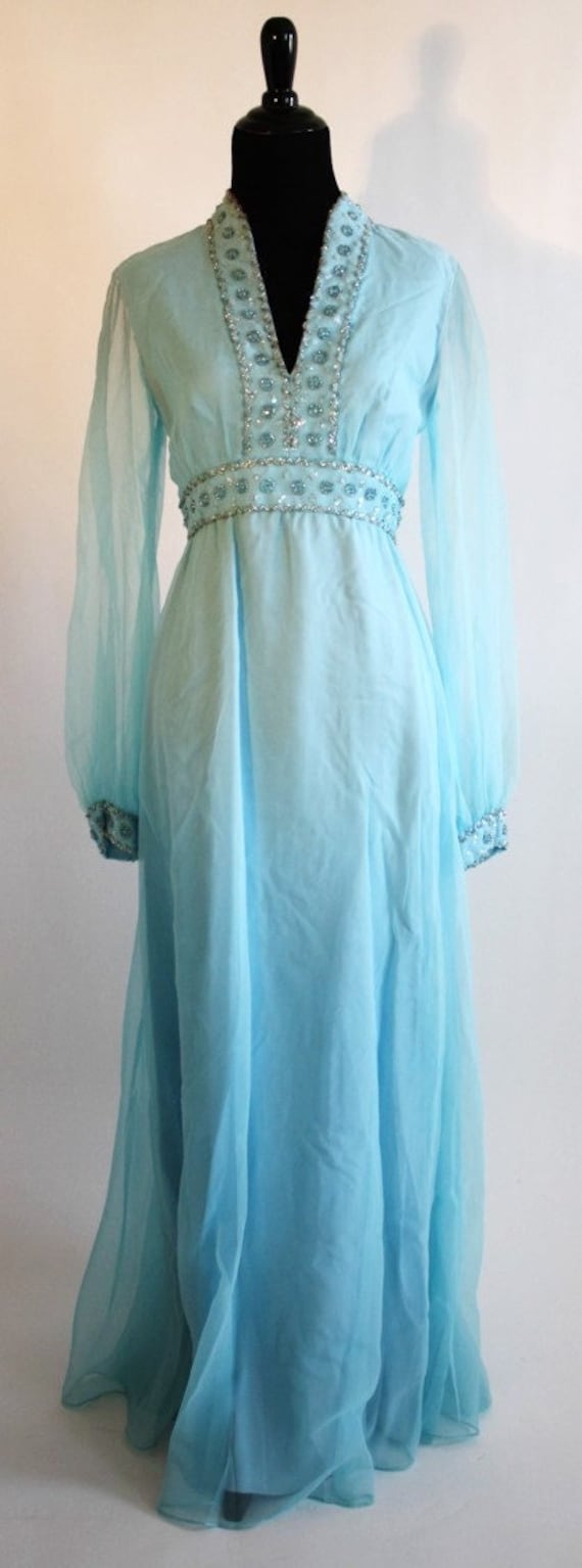 Gown 297 1970's V-neck Turquoise Blue Chiffon Gown | Etsy