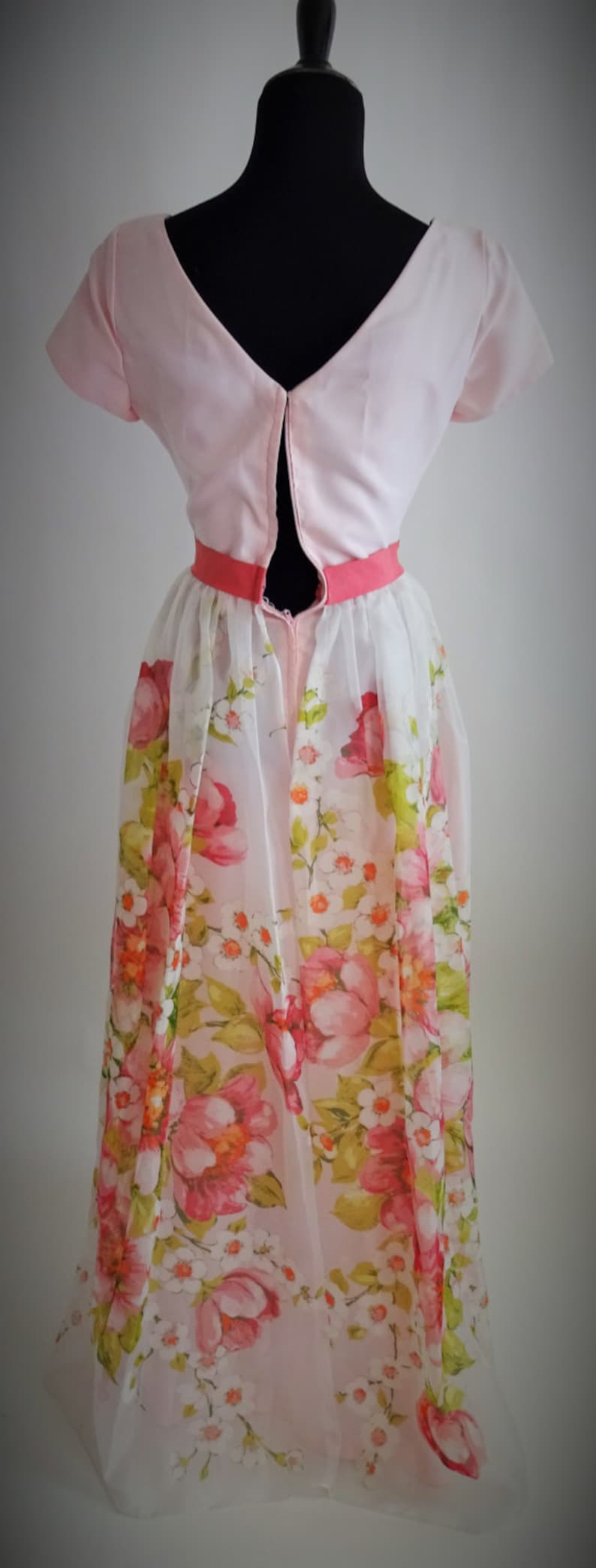 Gown #333 ~ To-Die-For 1960/'s Baby Pink /& Watercolor Floral Organza Empire Gown wGrosgrain Ribbon Waist Bow