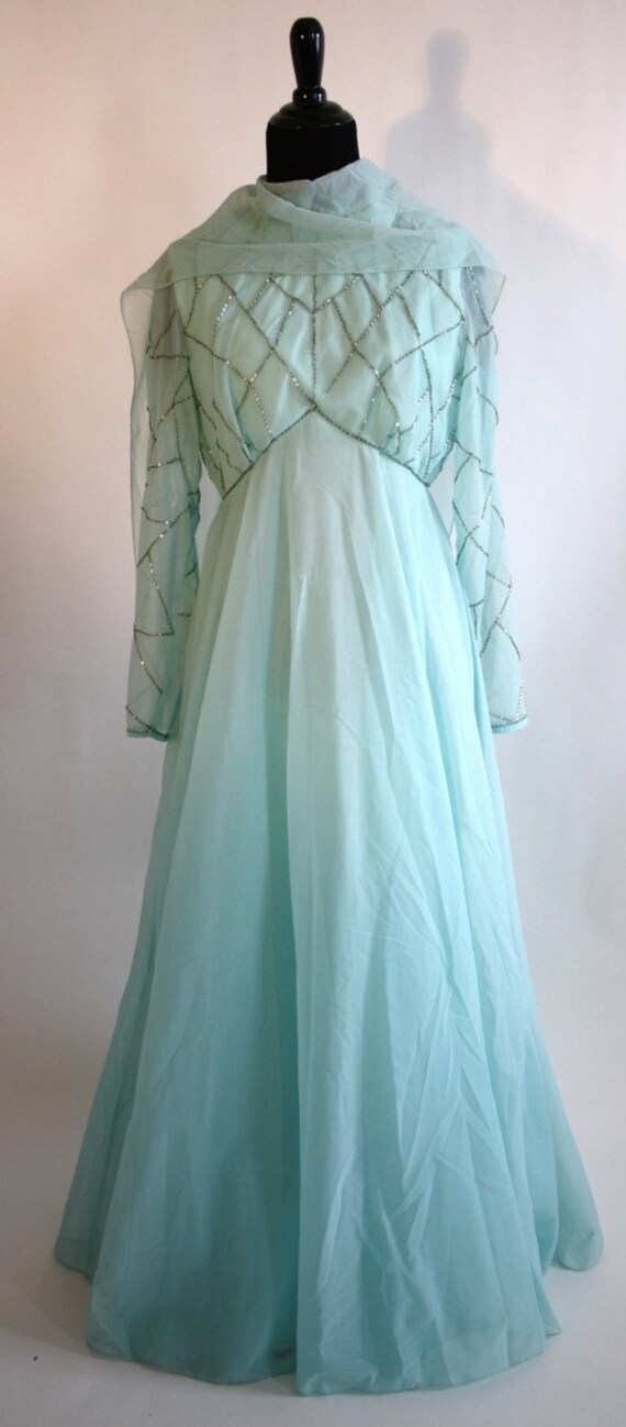 Gown #275 ~ 1970's Aqua Blue Chiffon Gown w/Harleq
