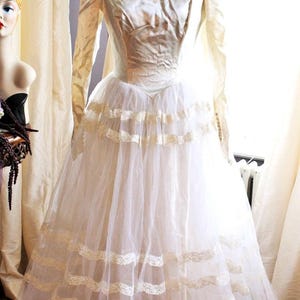 Gown #352 ~ 1950&#39;s (c. 1956) Tulle, Lace & Beaded Slipper Satin Bridal Tea-Length Dress