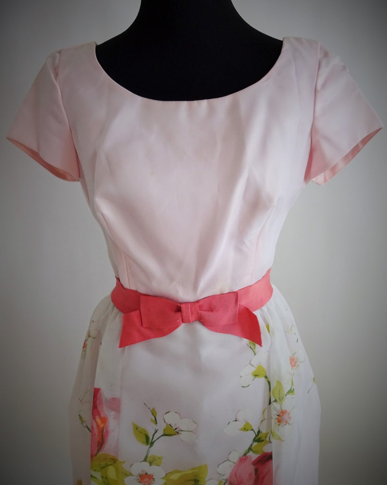 Gown #333 ~ To-Die-For 1960/'s Baby Pink /& Watercolor Floral Organza Empire Gown wGrosgrain Ribbon Waist Bow